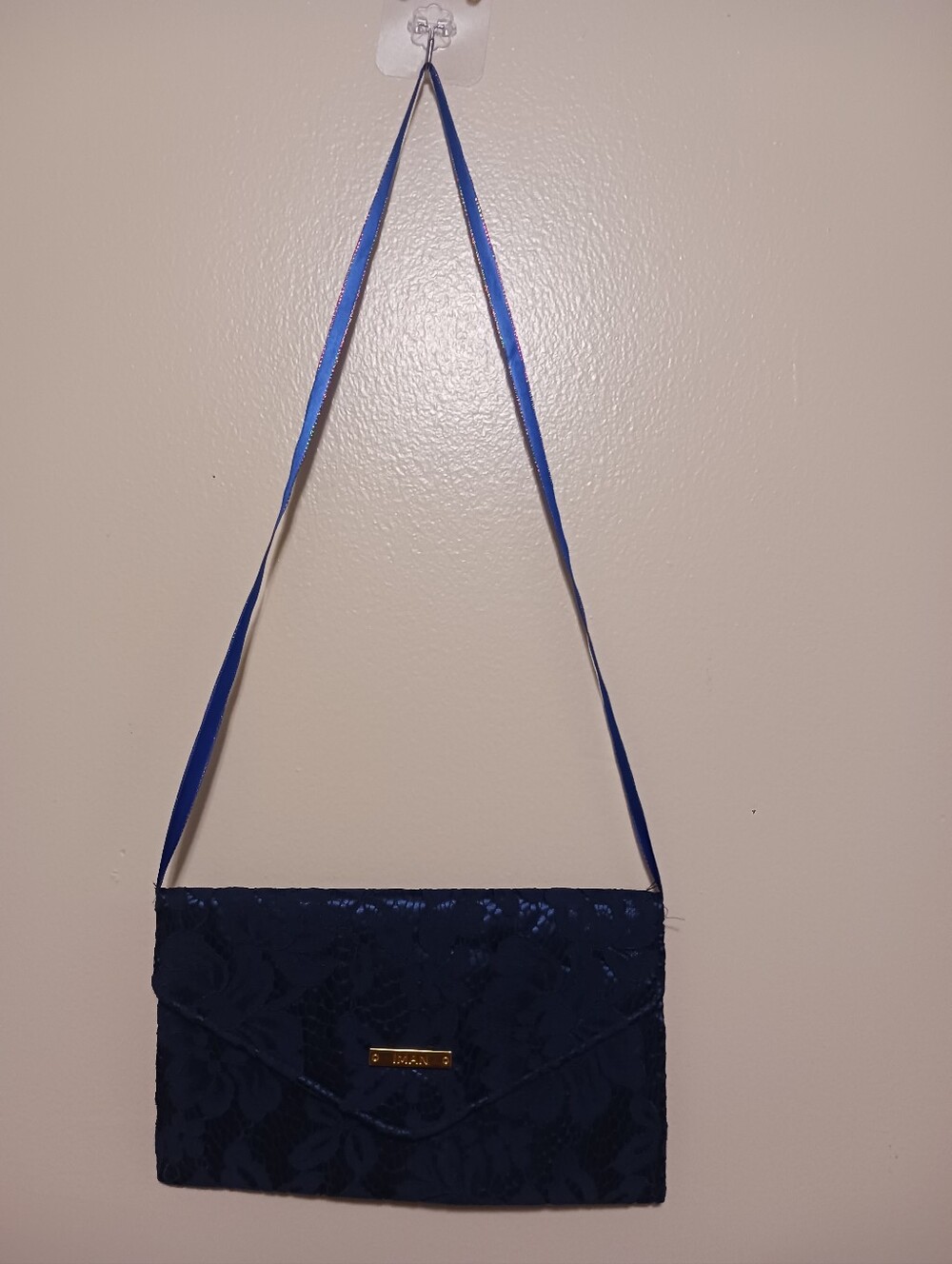 Iman Navy Blue Satin Lace Floral Envelope Crossbody Bag A-8